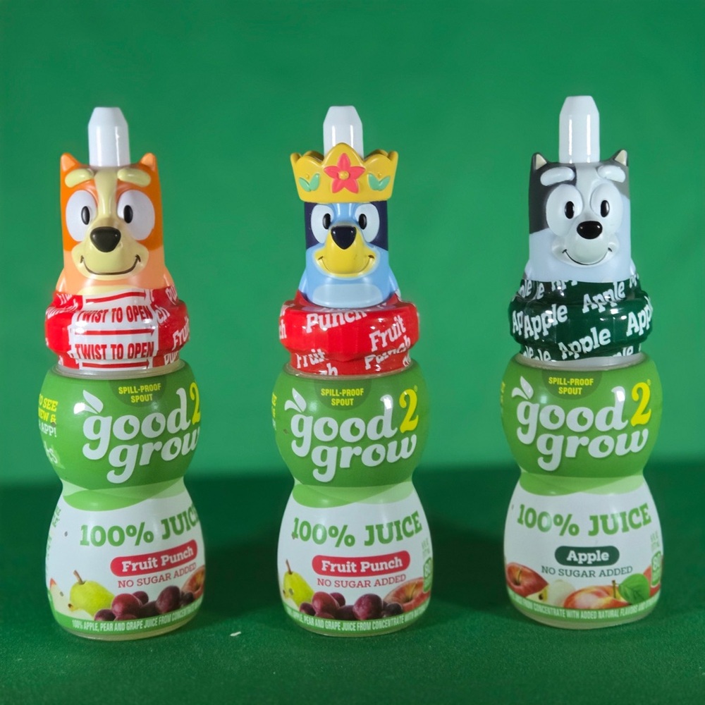 Good2Grow Sealed Crown Bluey. Bingo and Muffin Juice Bottles with Character Tops